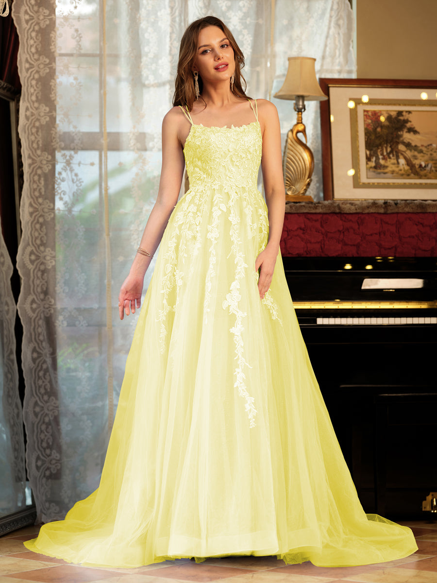 Corte A/Princesa Tule Alcinhas Apliques Longos Vestidos de Baile