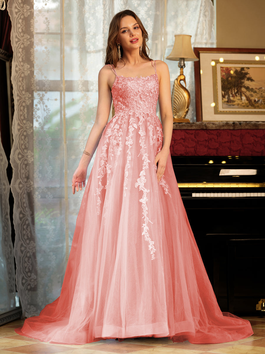Corte A/Princesa Tule Alcinhas Apliques Longos Vestidos de Baile