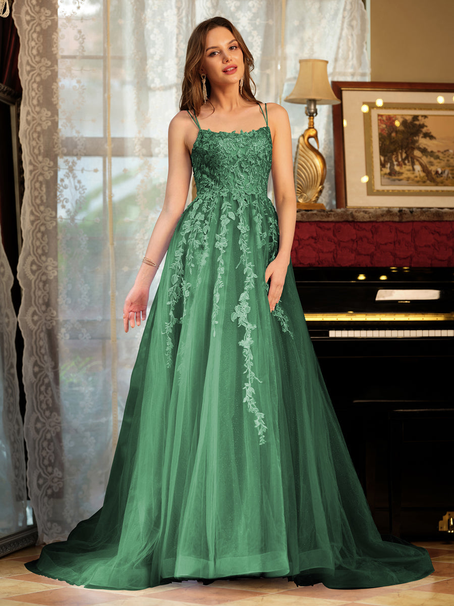 Corte A/Princesa Tule Alcinhas Apliques Longos Vestidos de Baile