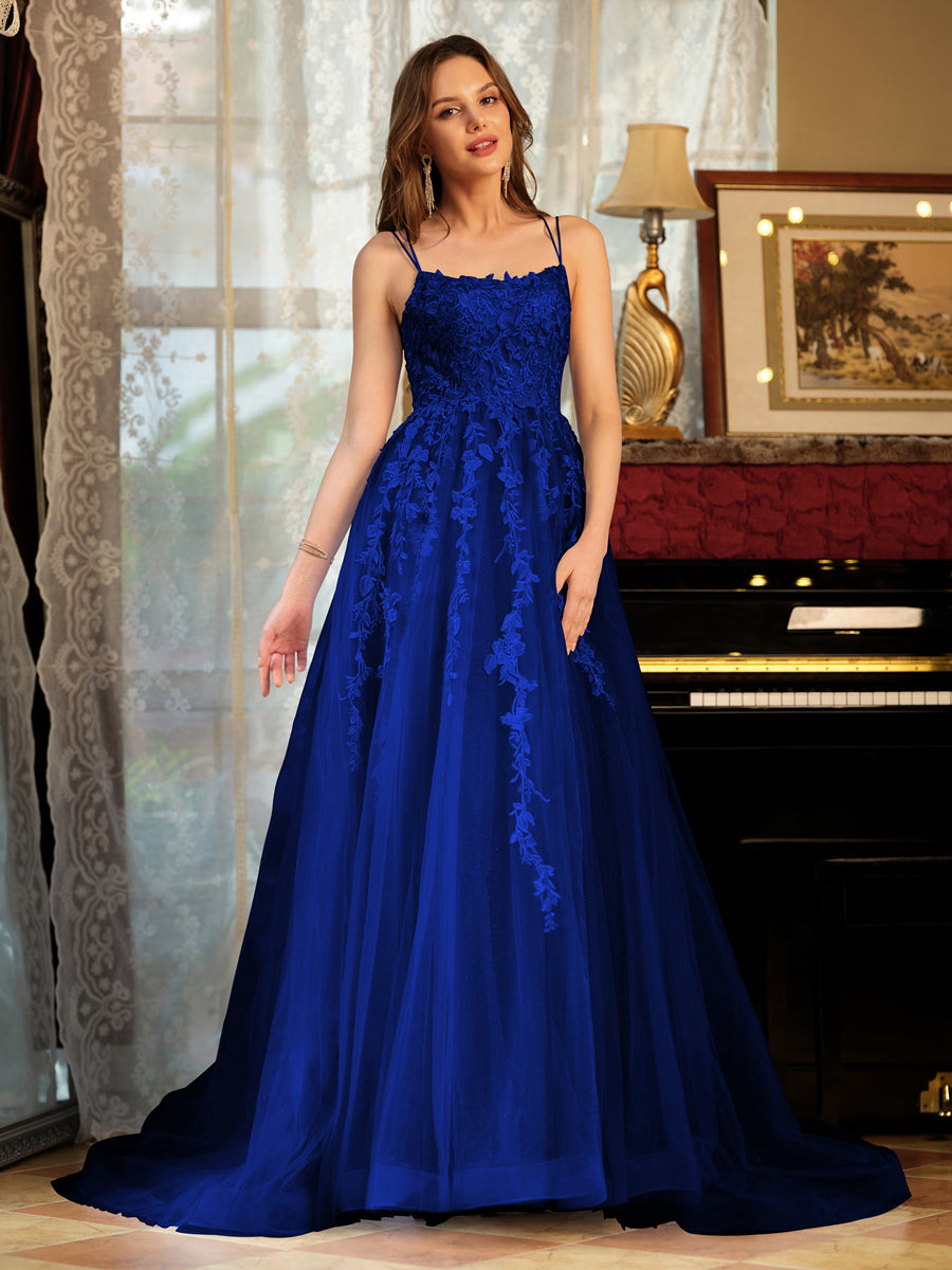 Corte A/Princesa Tule Alcinhas Apliques Longos Vestidos de Baile