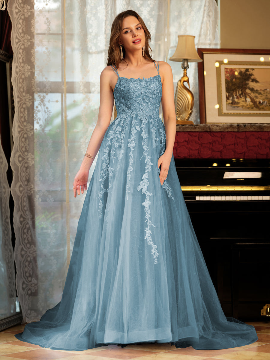 Corte A/Princesa Tule Alcinhas Apliques Longos Vestidos de Baile