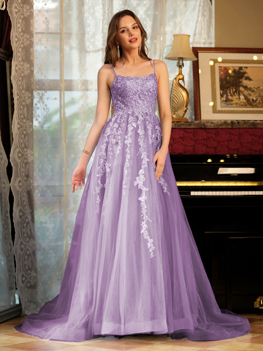 Corte A/Princesa Tule Alcinhas Apliques Longos Vestidos de Baile