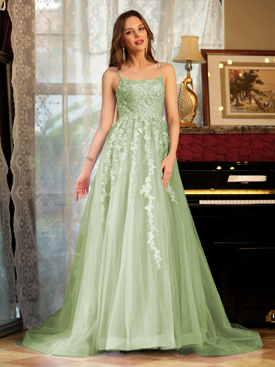 Corte A/Princesa Tule Alcinhas Apliques Longos Vestidos de Baile