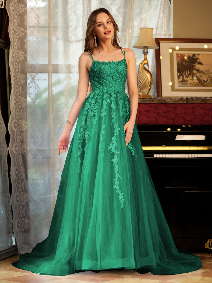 Corte A/Princesa Tule Alcinhas Apliques Longos Vestidos de Baile
