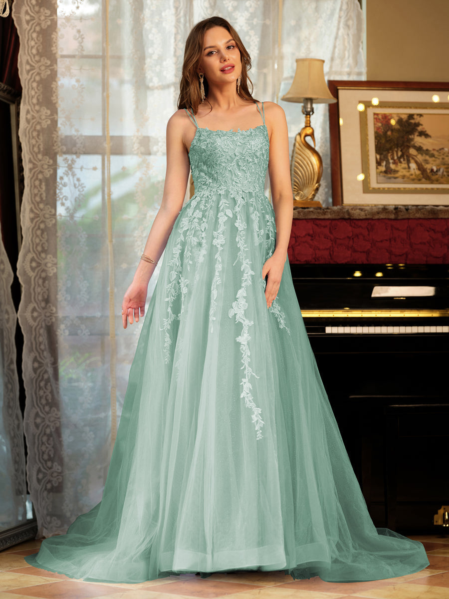 Corte A/Princesa Tule Alcinhas Apliques Longos Vestidos de Baile