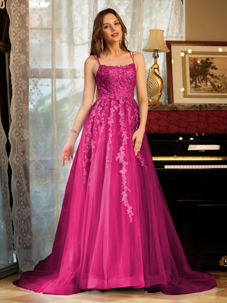 Corte A/Princesa Tule Alcinhas Apliques Longos Vestidos de Baile