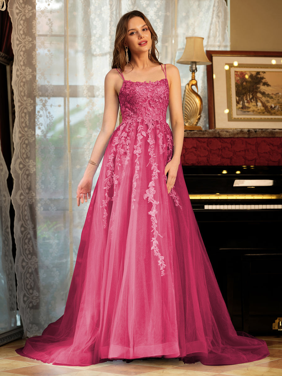 Corte A/Princesa Tule Alcinhas Apliques Longos Vestidos de Baile