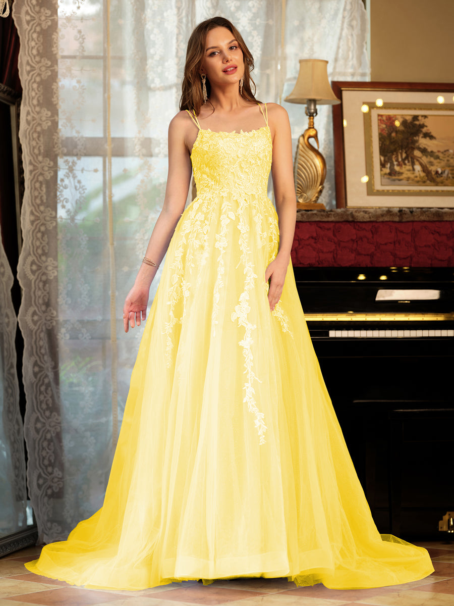 Corte A/Princesa Tule Alcinhas Apliques Longos Vestidos de Baile