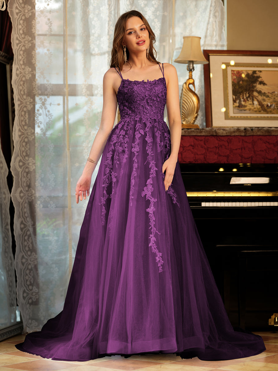 Corte A/Princesa Tule Alcinhas Apliques Longos Vestidos de Baile