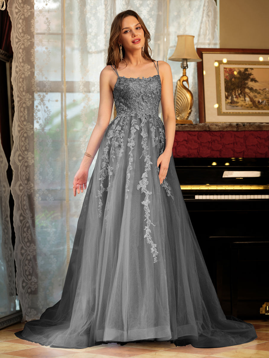 Corte A/Princesa Tule Alcinhas Apliques Longos Vestidos de Baile