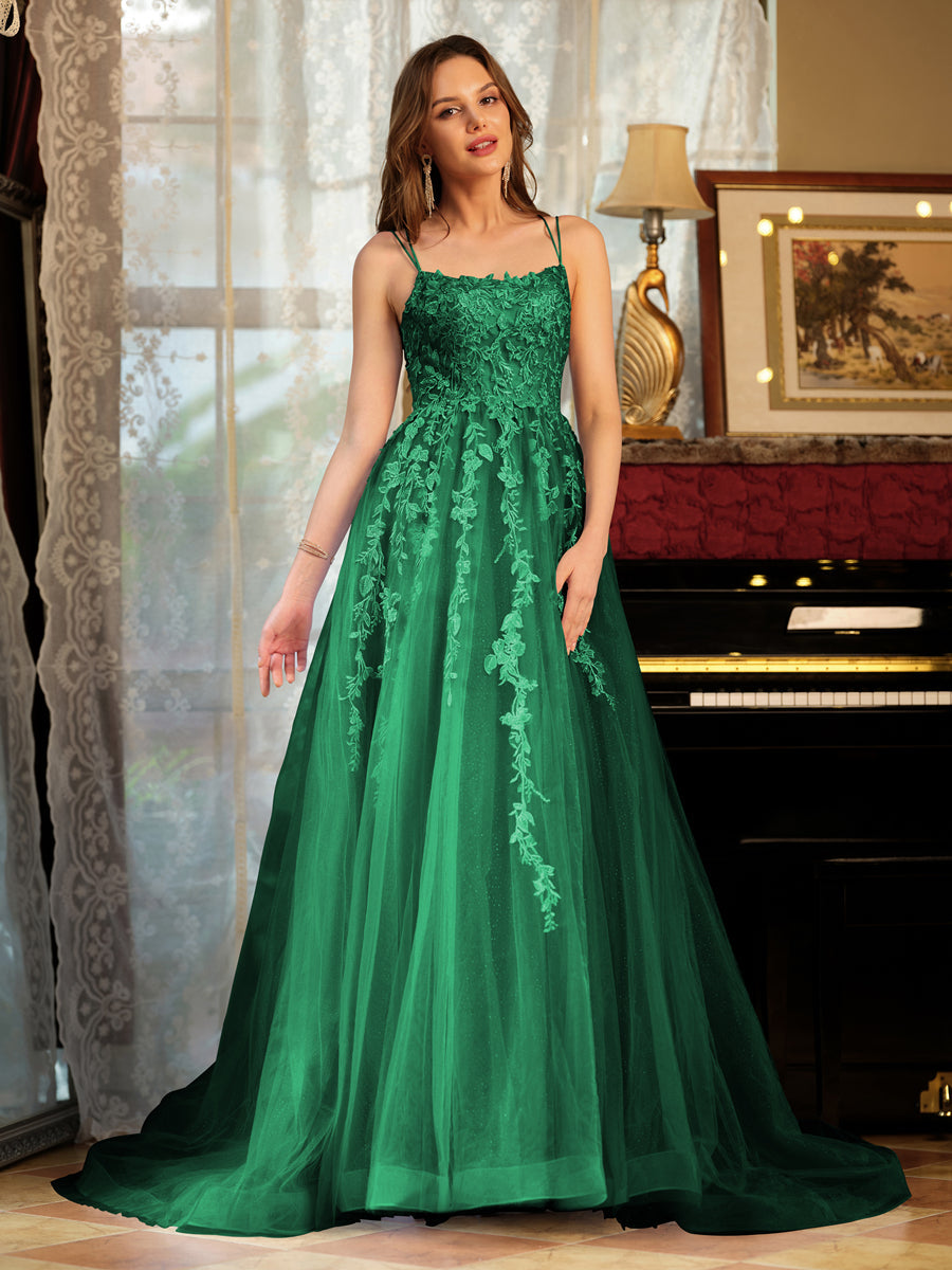 Corte A/Princesa Tule Alcinhas Apliques Longos Vestidos de Baile