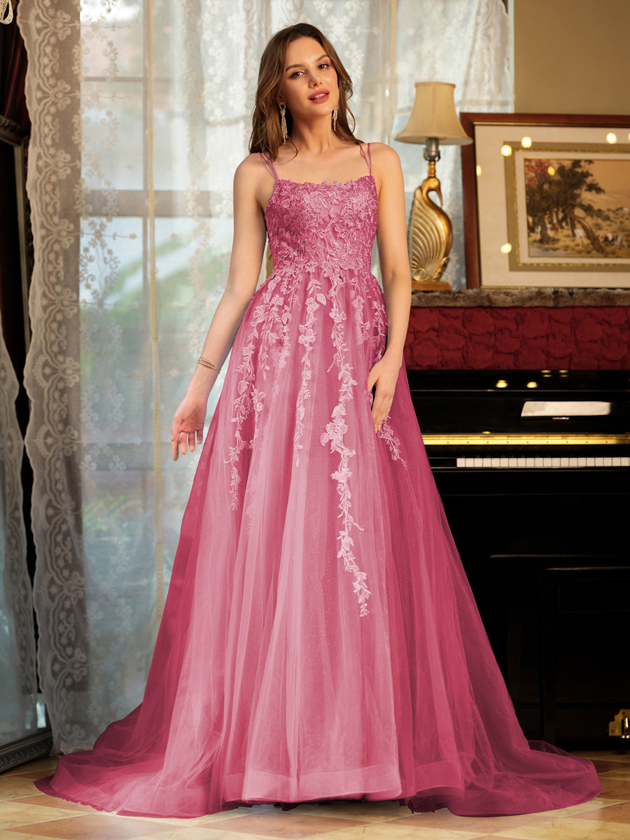 Corte A/Princesa Tule Alcinhas Apliques Longos Vestidos de Baile