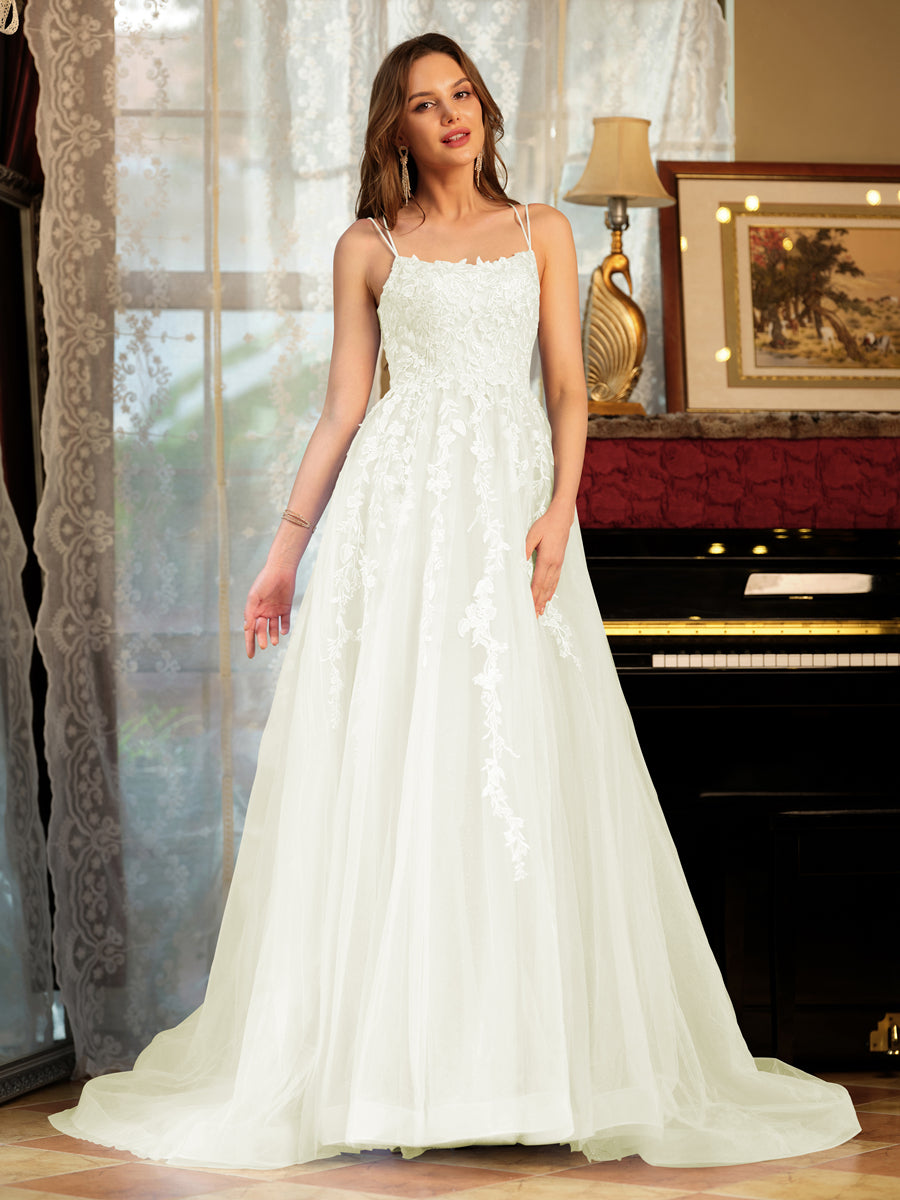 Corte A/Princesa Tule Alcinhas Apliques Longos Vestidos de Baile
