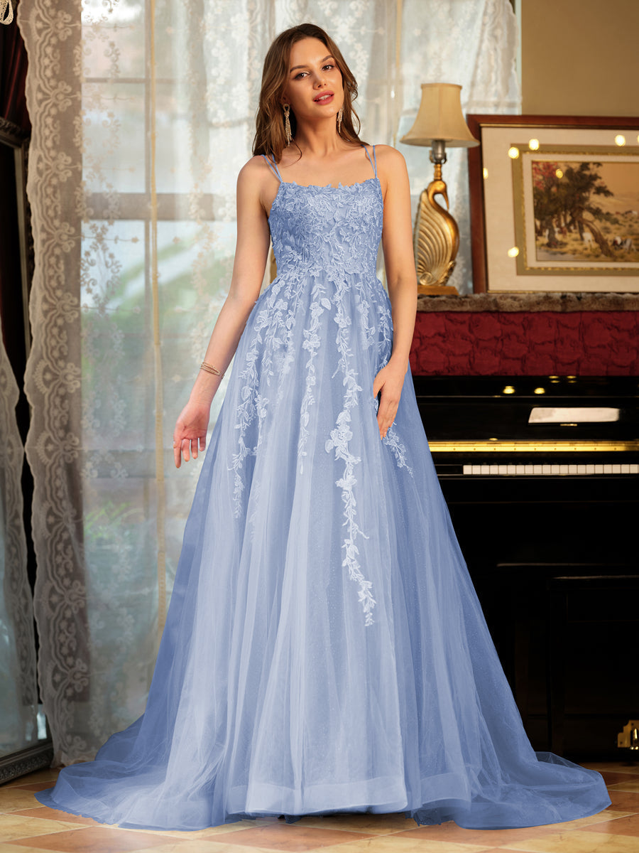 Corte A/Princesa Tule Alcinhas Apliques Longos Vestidos de Baile
