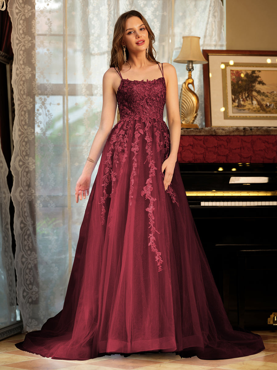 Corte A/Princesa Tule Alcinhas Apliques Longos Vestidos de Baile
