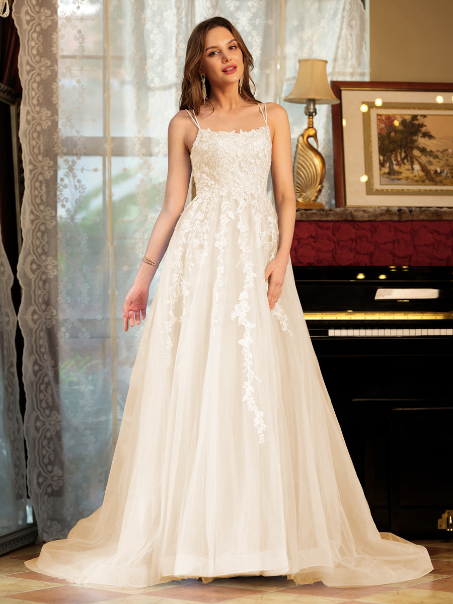 Corte A/Princesa Tule Alcinhas Apliques Longos Vestidos de Baile