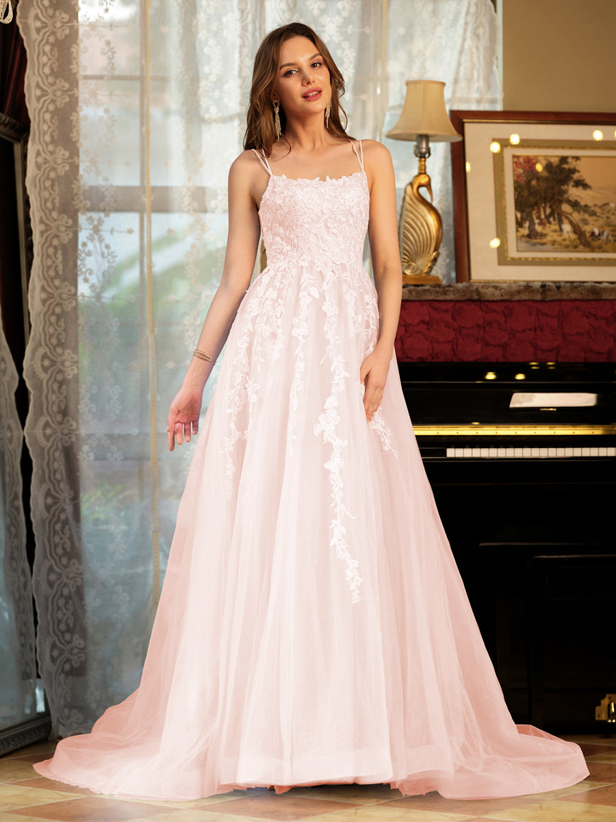 Corte A/Princesa Tule Alcinhas Apliques Longos Vestidos de Baile