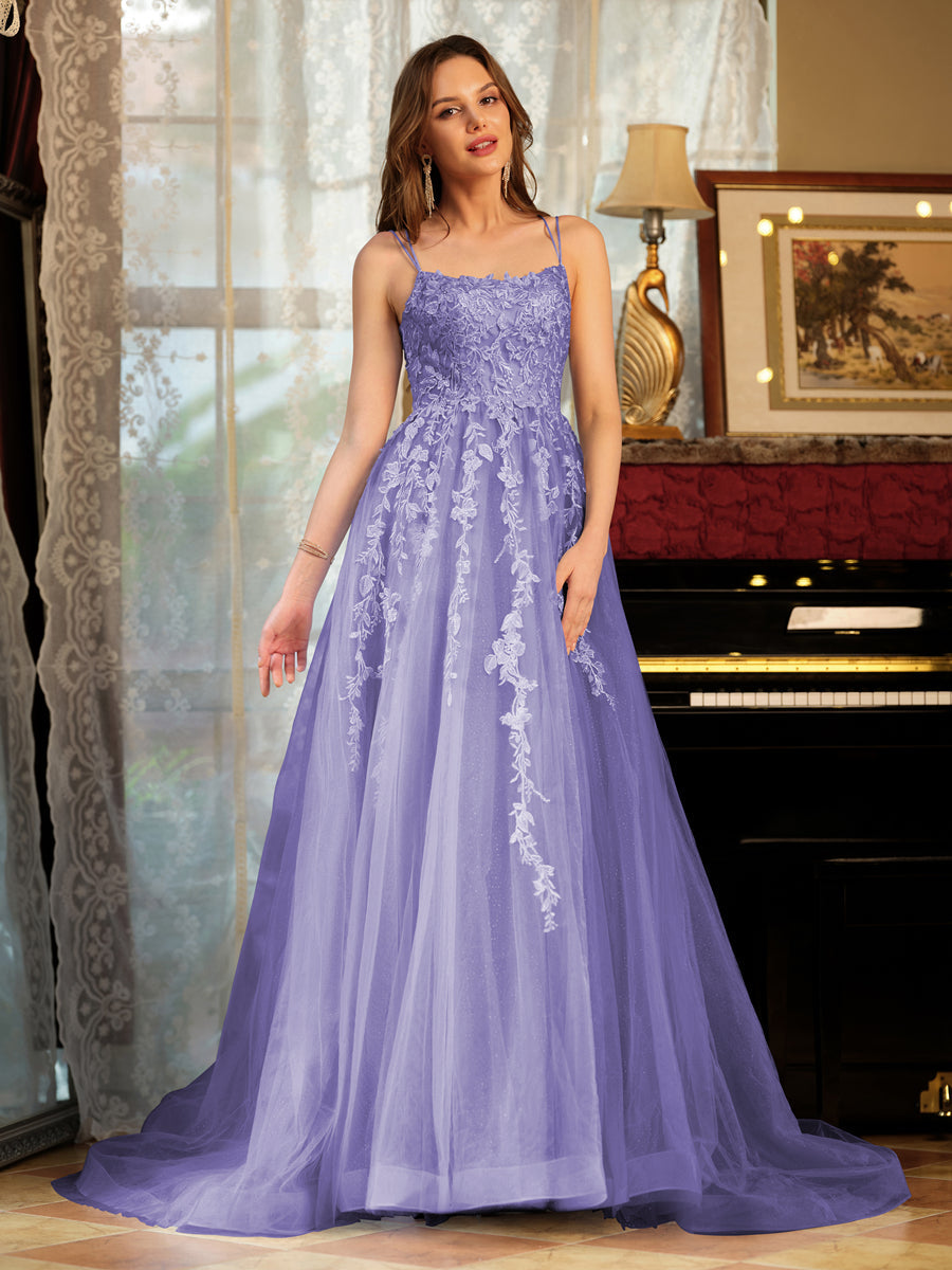 Corte A/Princesa Tule Alcinhas Apliques Longos Vestidos de Baile