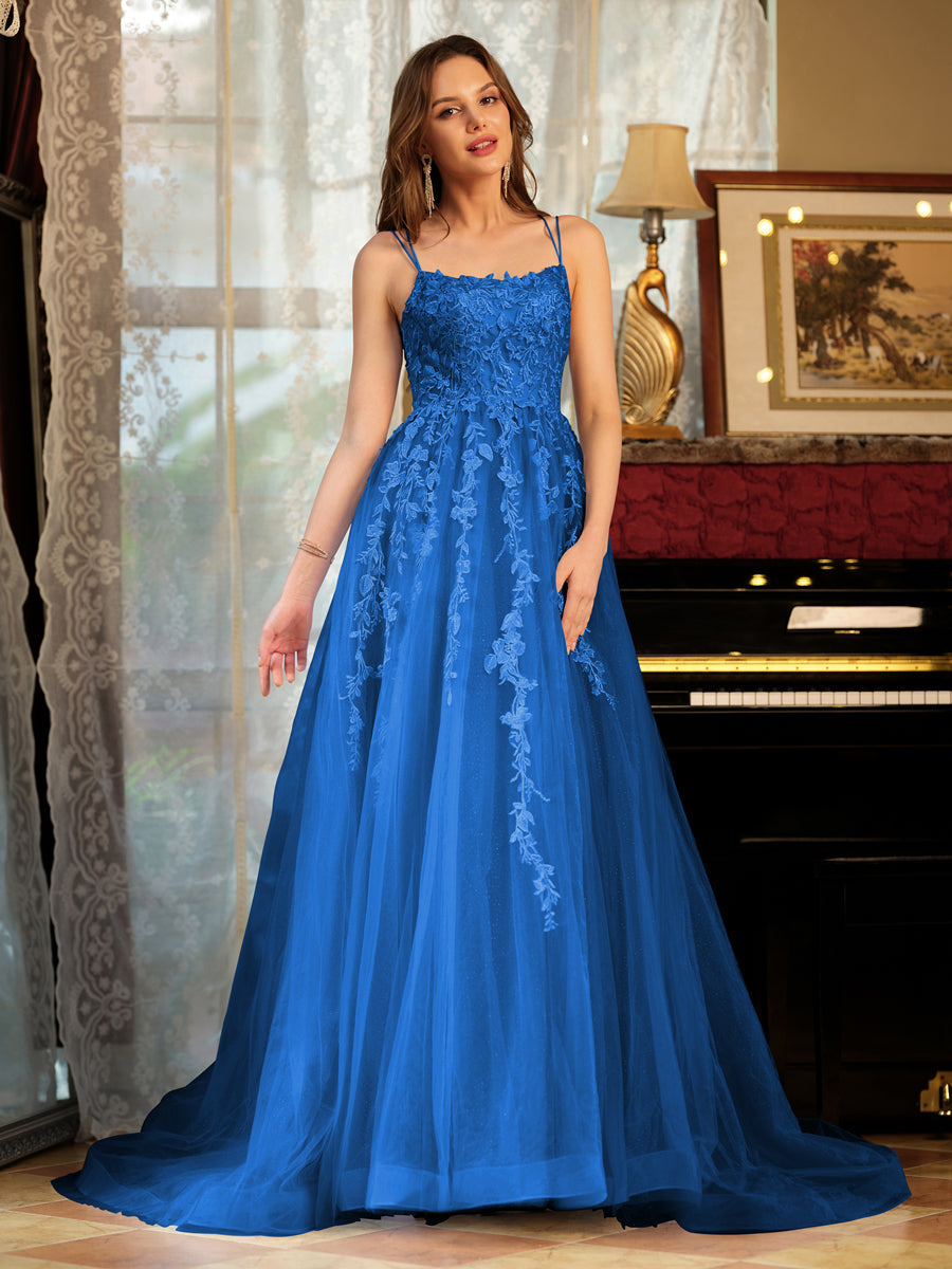 Corte A/Princesa Tule Alcinhas Apliques Longos Vestidos de Baile