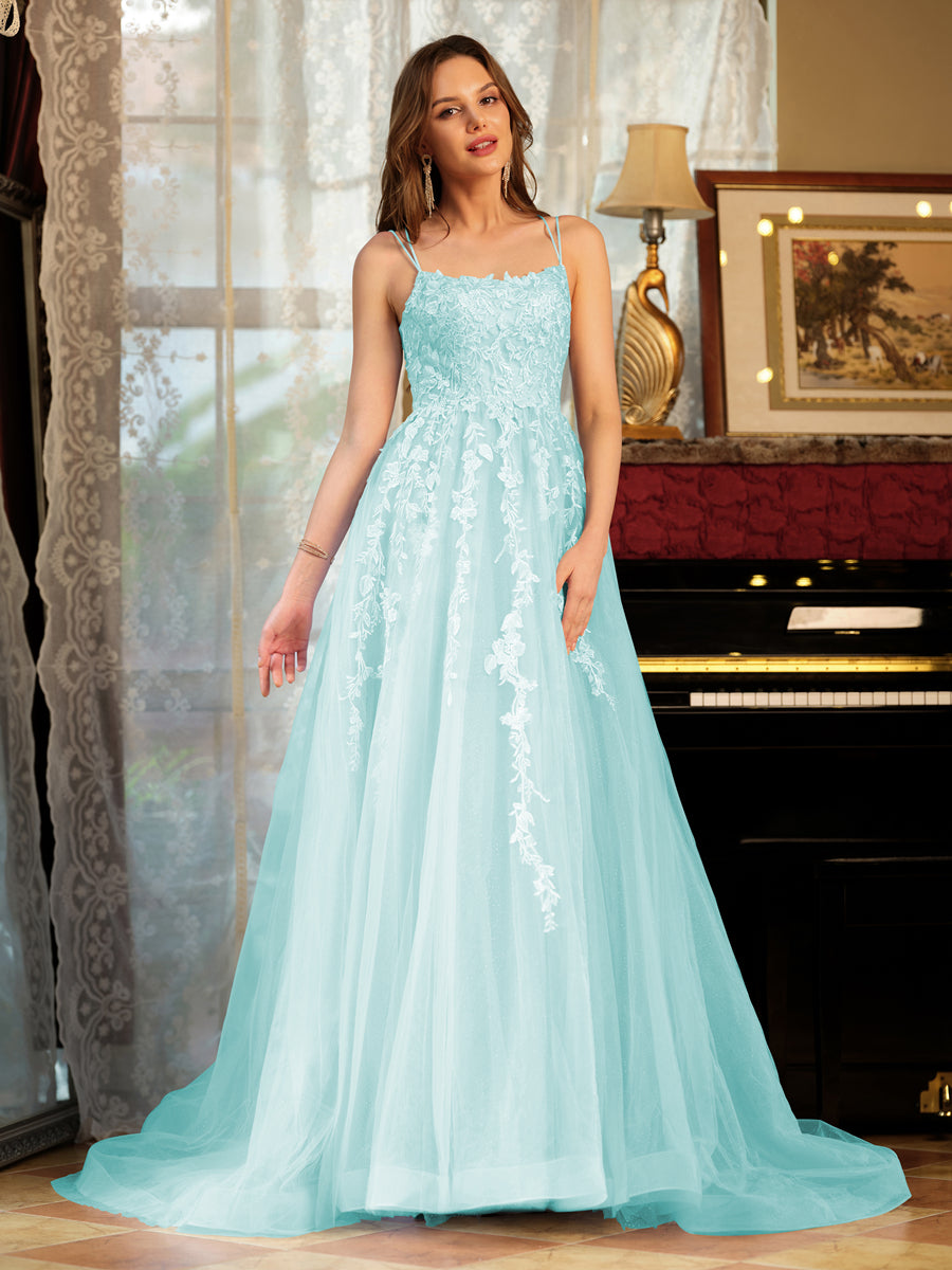 Corte A/Princesa Tule Alcinhas Apliques Longos Vestidos de Baile