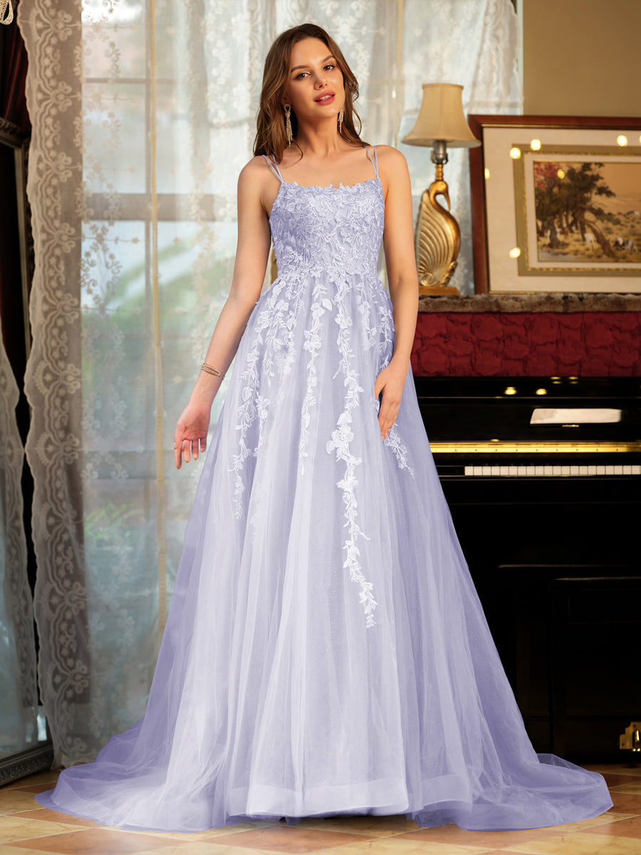 Corte A/Princesa Tule Alcinhas Apliques Longos Vestidos de Baile