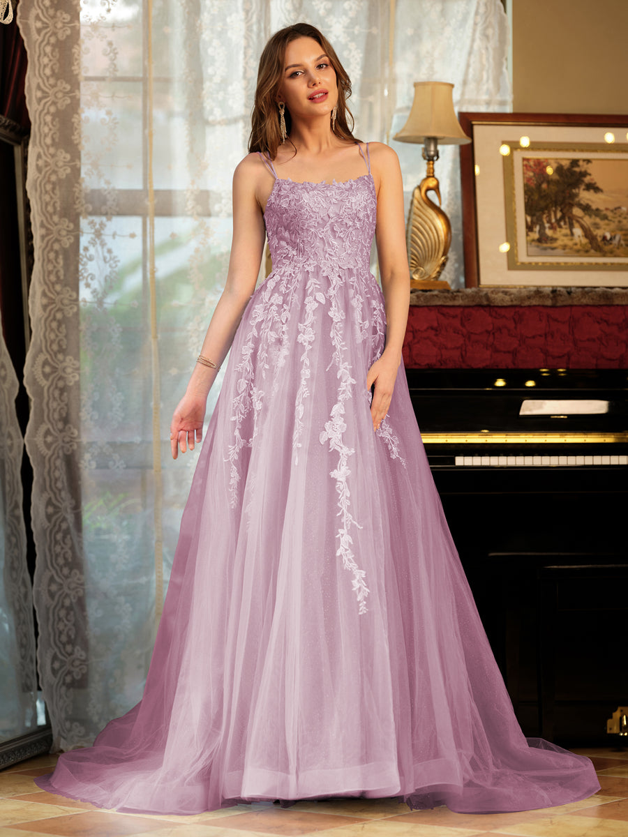 Corte A/Princesa Tule Alcinhas Apliques Longos Vestidos de Baile