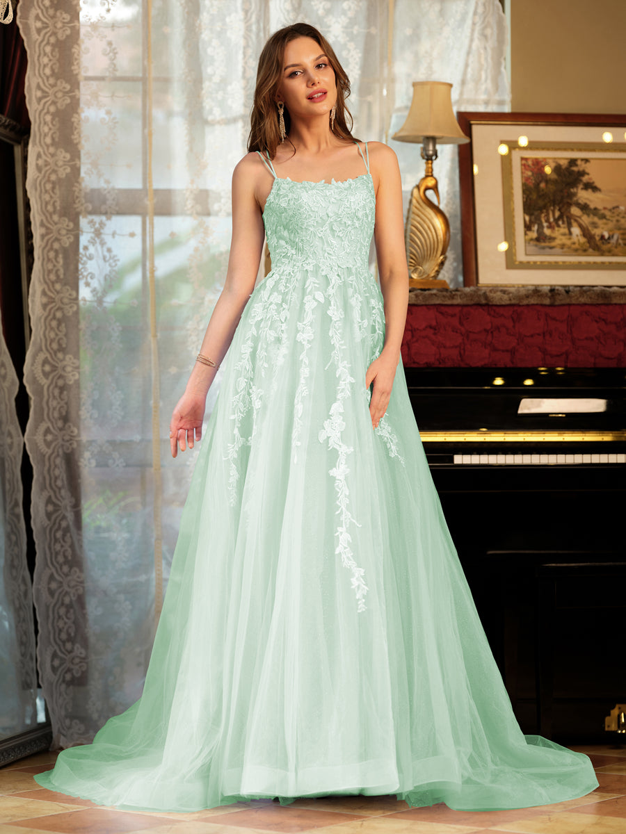 Corte A/Princesa Tule Alcinhas Apliques Longos Vestidos de Baile