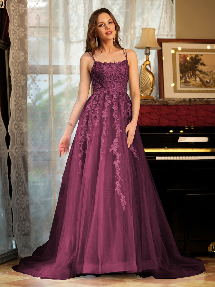 Corte A/Princesa Tule Alcinhas Apliques Longos Vestidos de Baile