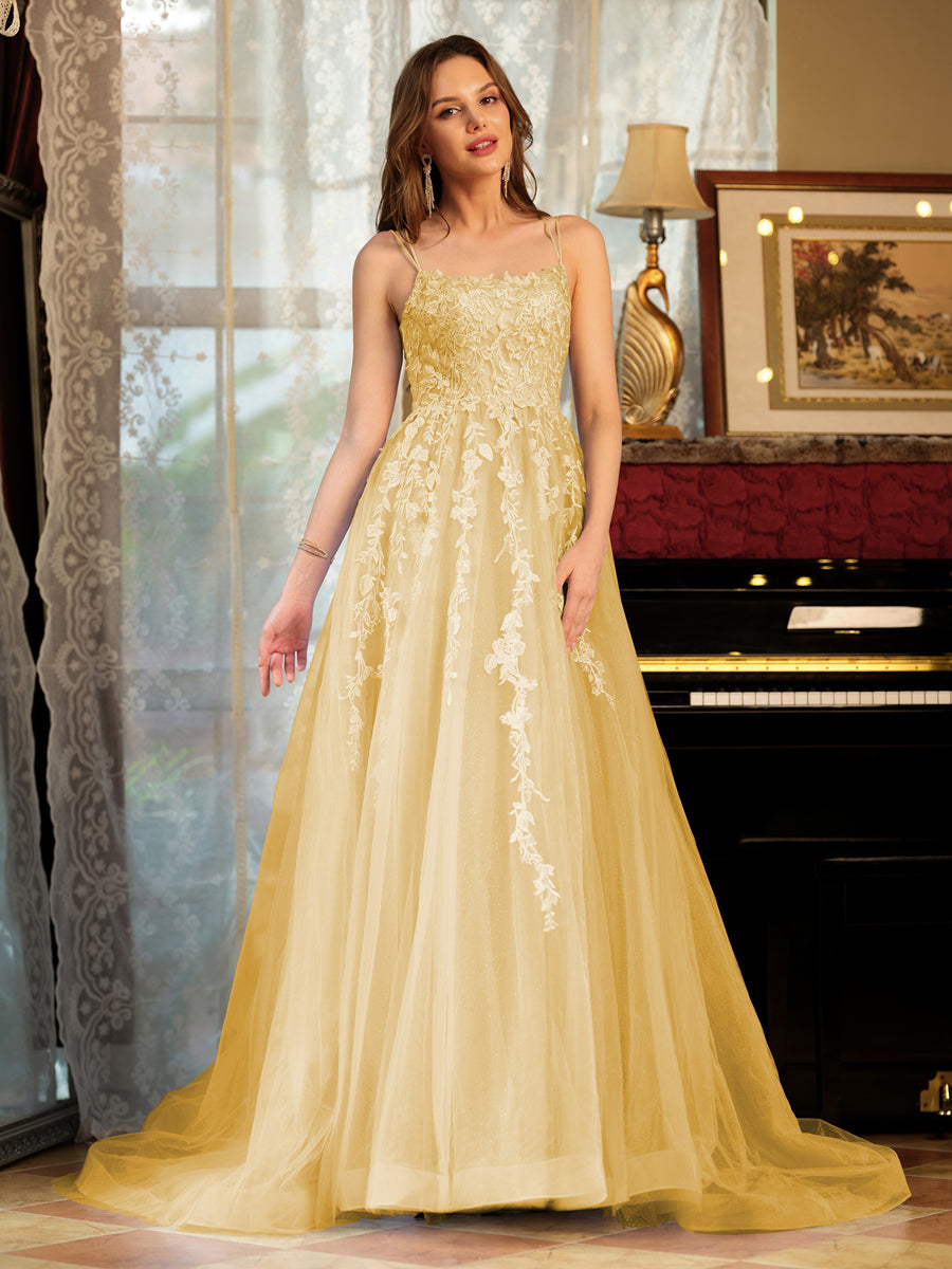 Corte A/Princesa Tule Alcinhas Apliques Longos Vestidos de Baile
