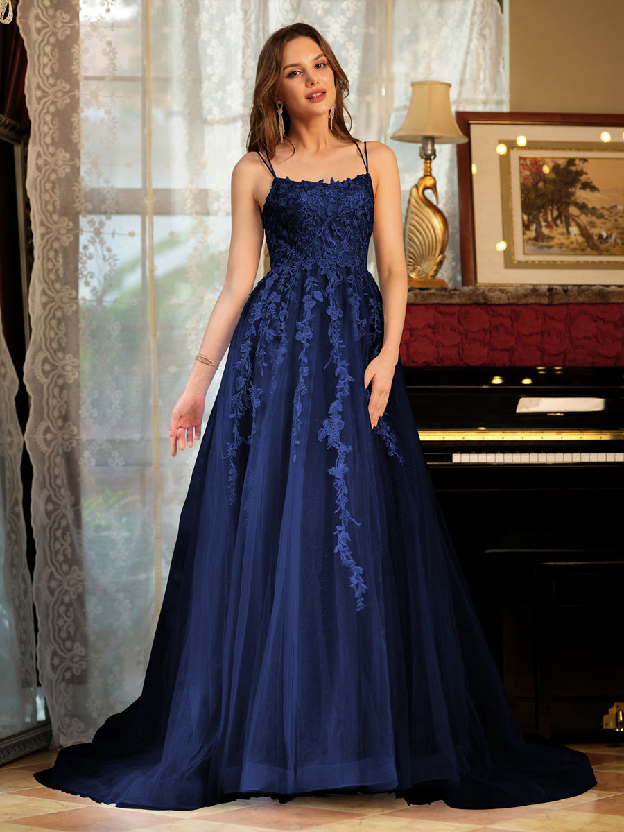 Corte A/Princesa Tule Alcinhas Apliques Longos Vestidos de Baile