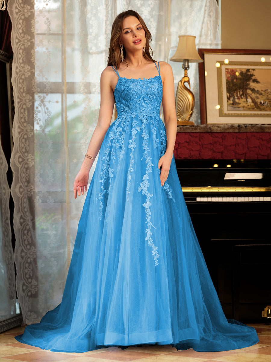 Corte A/Princesa Tule Alcinhas Apliques Longos Vestidos de Baile