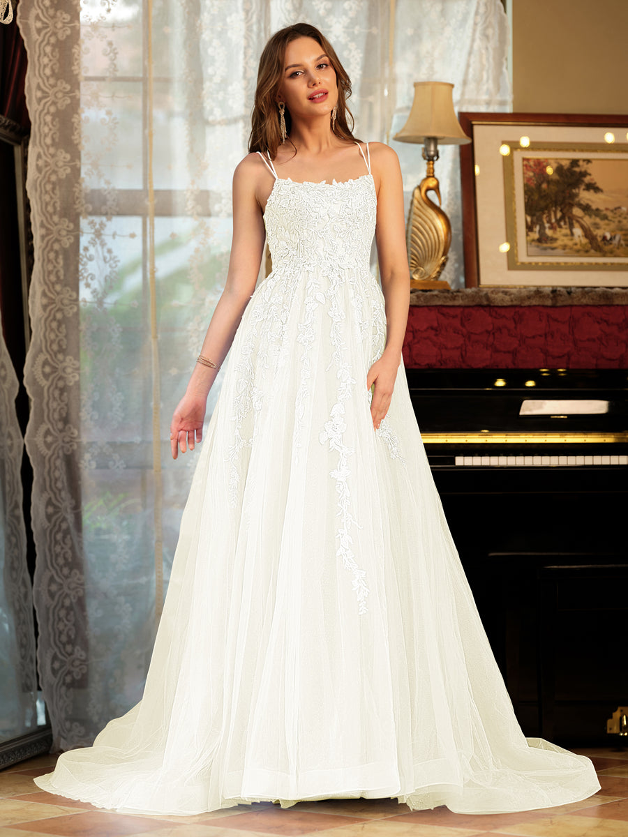 Corte A/Princesa Tule Alcinhas Apliques Longos Vestidos de Baile