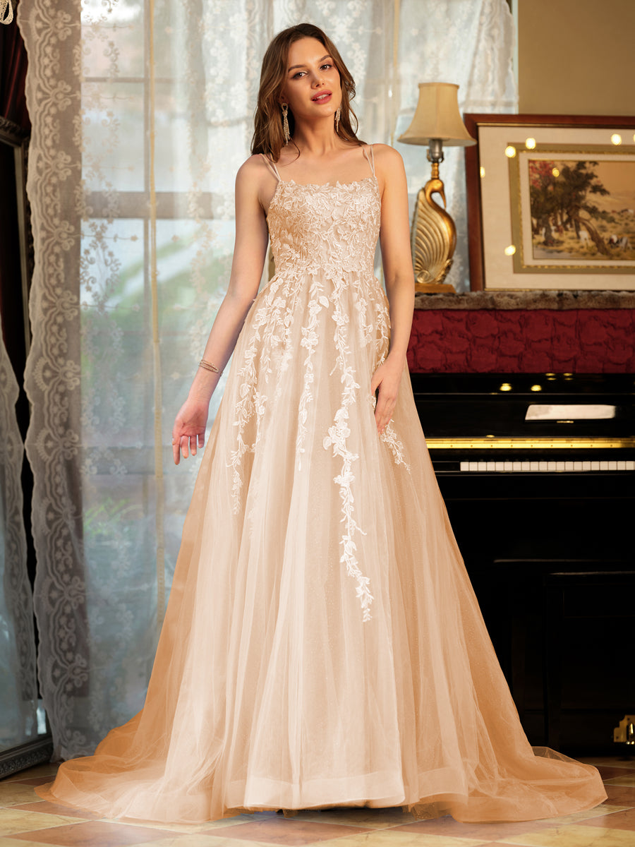 Corte A/Princesa Tule Alcinhas Apliques Longos Vestidos de Baile
