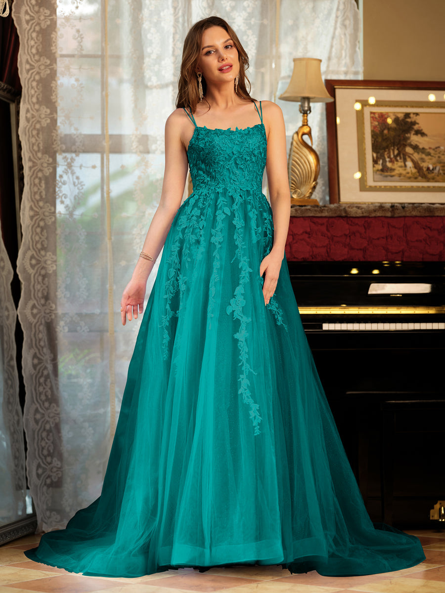 Corte A/Princesa Tule Alcinhas Apliques Longos Vestidos de Baile