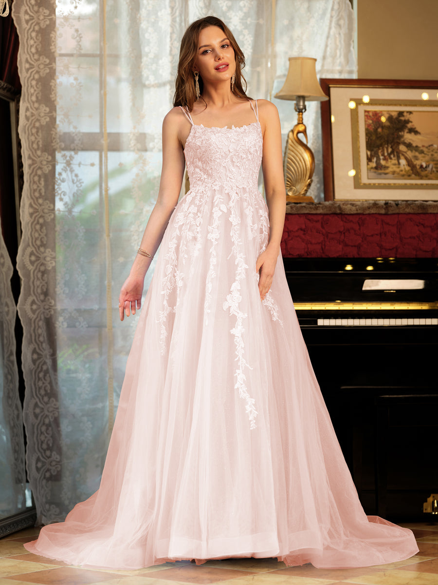 Corte A/Princesa Tule Alcinhas Apliques Longos Vestidos de Baile