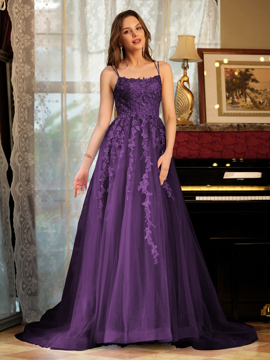 Corte A/Princesa Tule Alcinhas Apliques Longos Vestidos de Baile