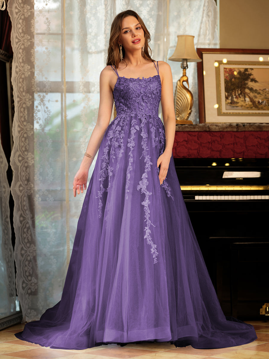 Corte A/Princesa Tule Alcinhas Apliques Longos Vestidos de Baile