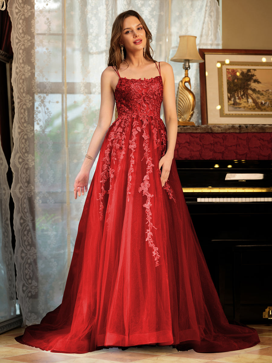 Corte A/Princesa Tule Alcinhas Apliques Longos Vestidos de Baile