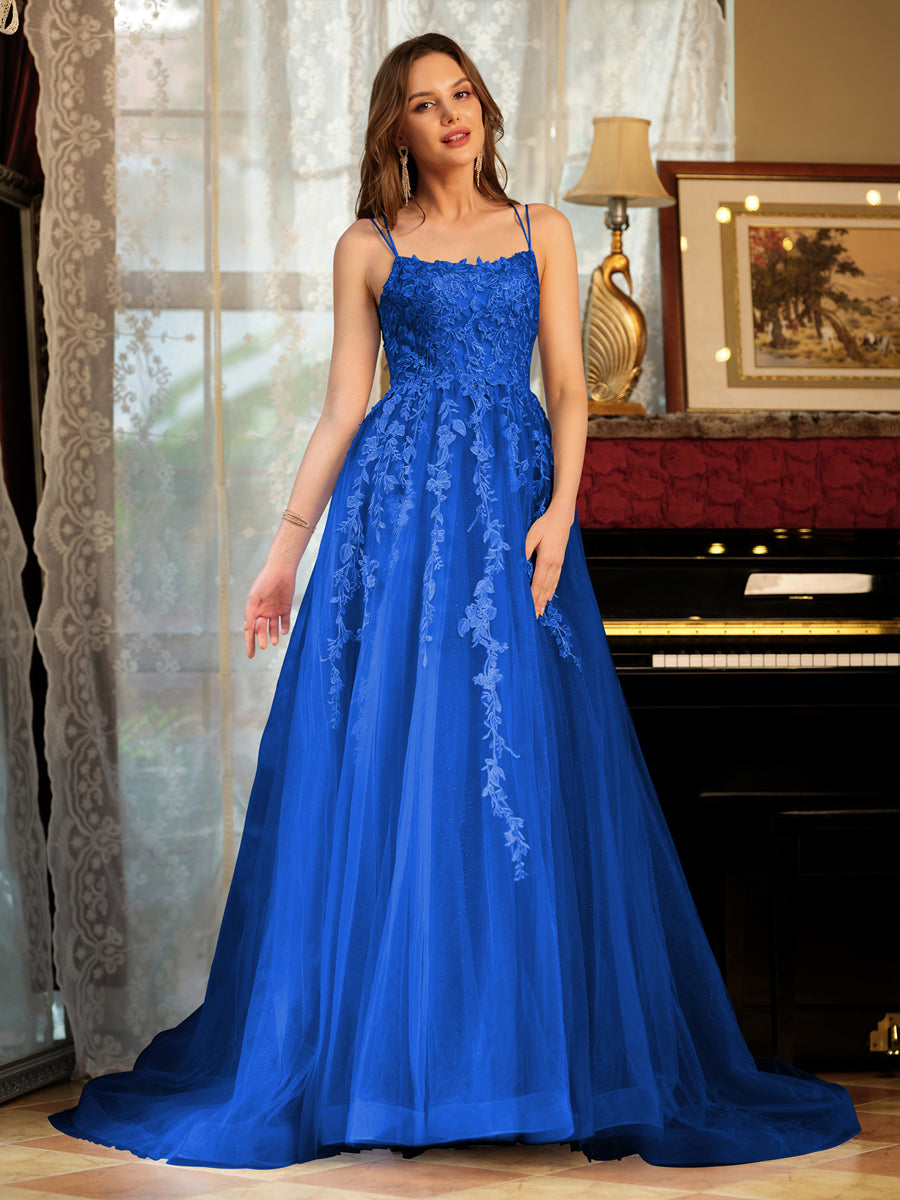 Corte A/Princesa Tule Alcinhas Apliques Longos Vestidos de Baile