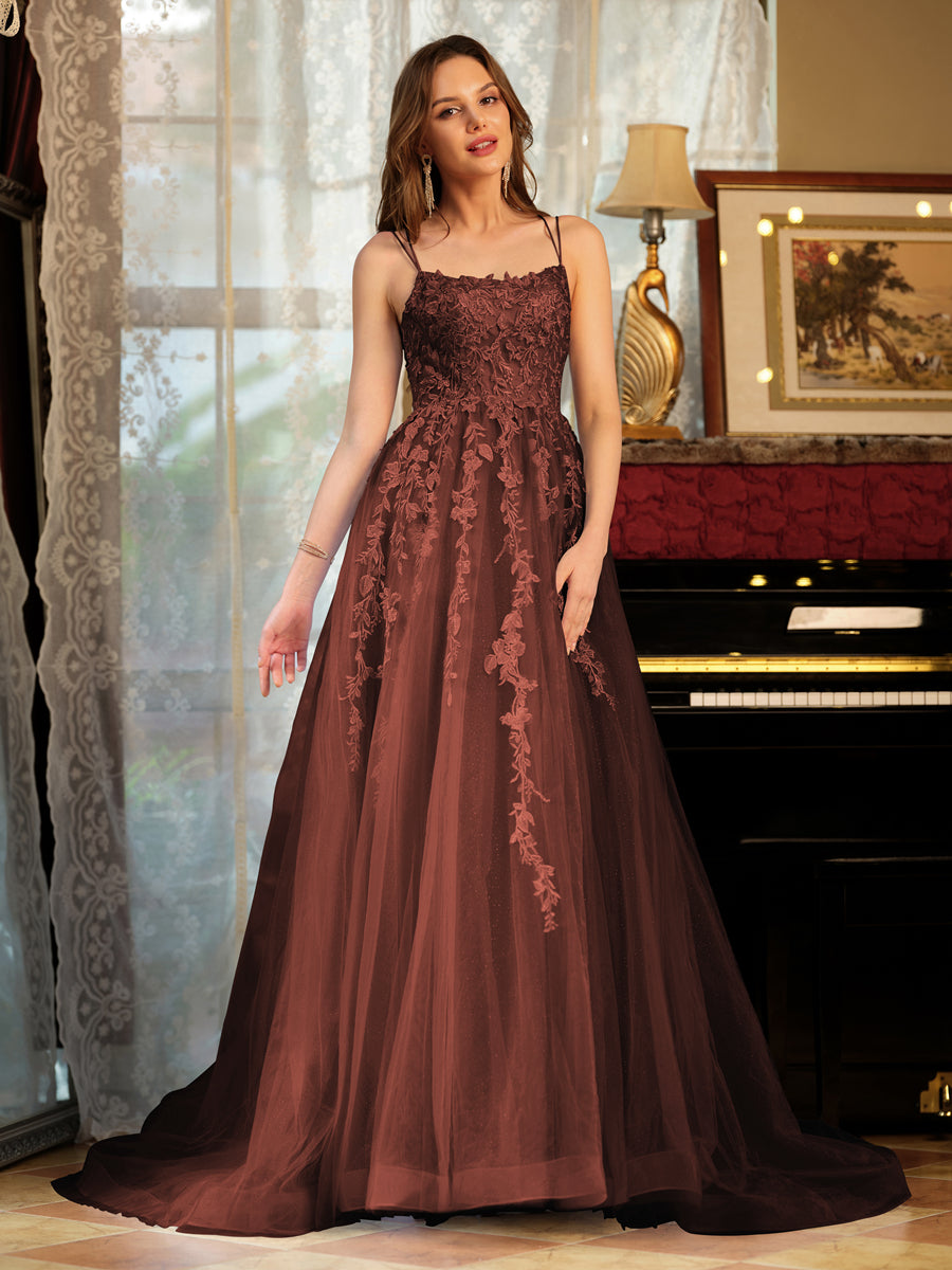 Corte A/Princesa Tule Alcinhas Apliques Longos Vestidos de Baile