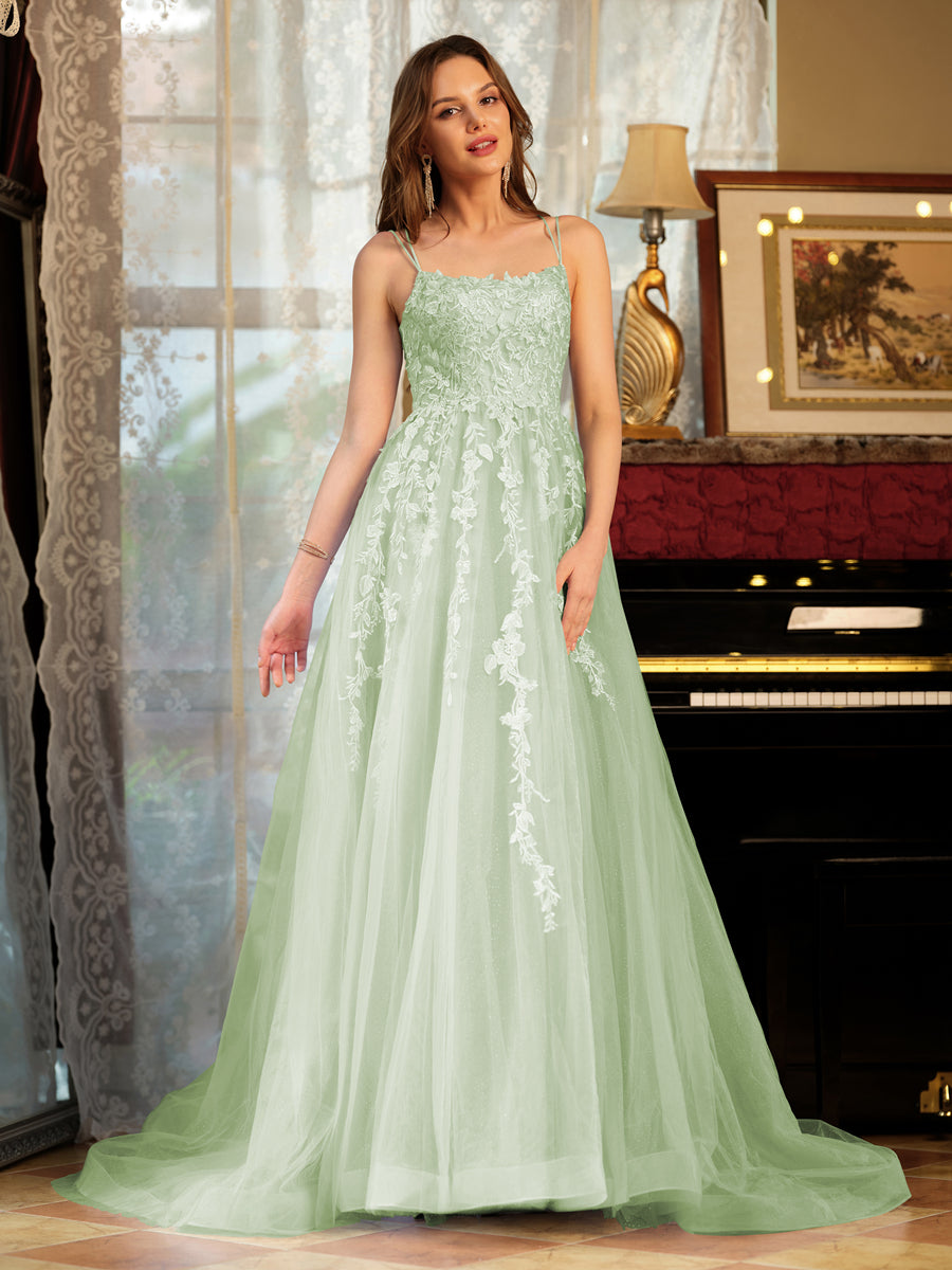 Corte A/Princesa Tule Alcinhas Apliques Longos Vestidos de Baile