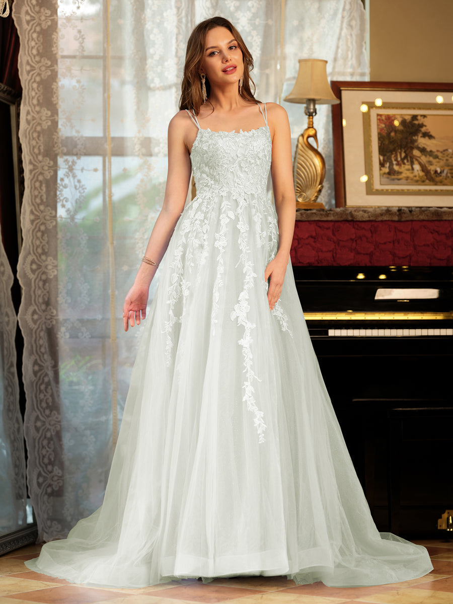 Corte A/Princesa Tule Alcinhas Apliques Longos Vestidos de Baile