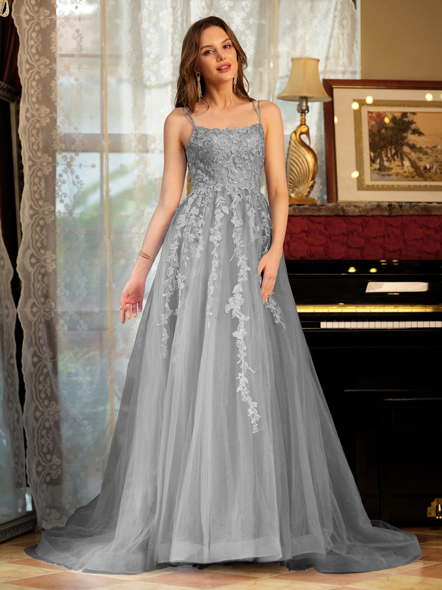 Corte A/Princesa Tule Alcinhas Apliques Longos Vestidos de Baile
