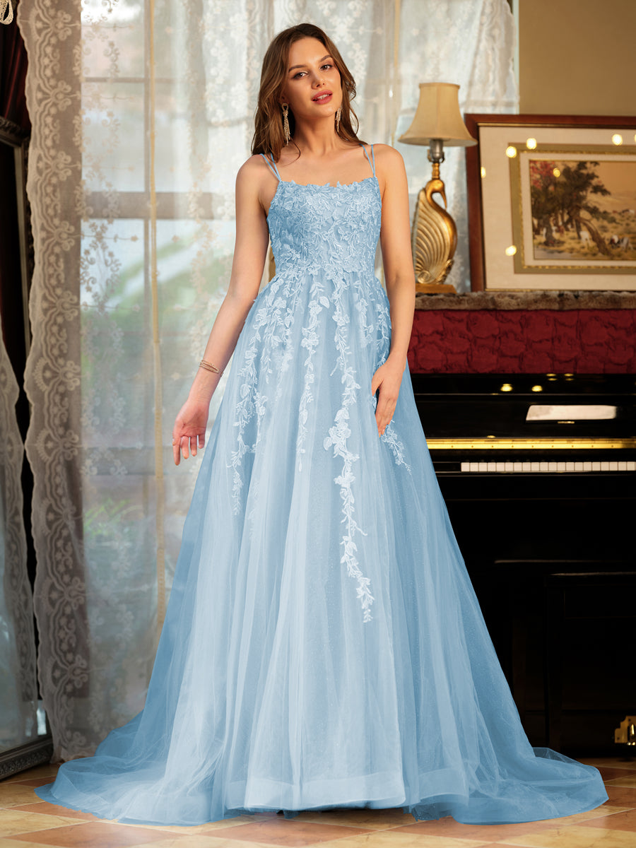 Corte A/Princesa Tule Alcinhas Apliques Longos Vestidos de Baile