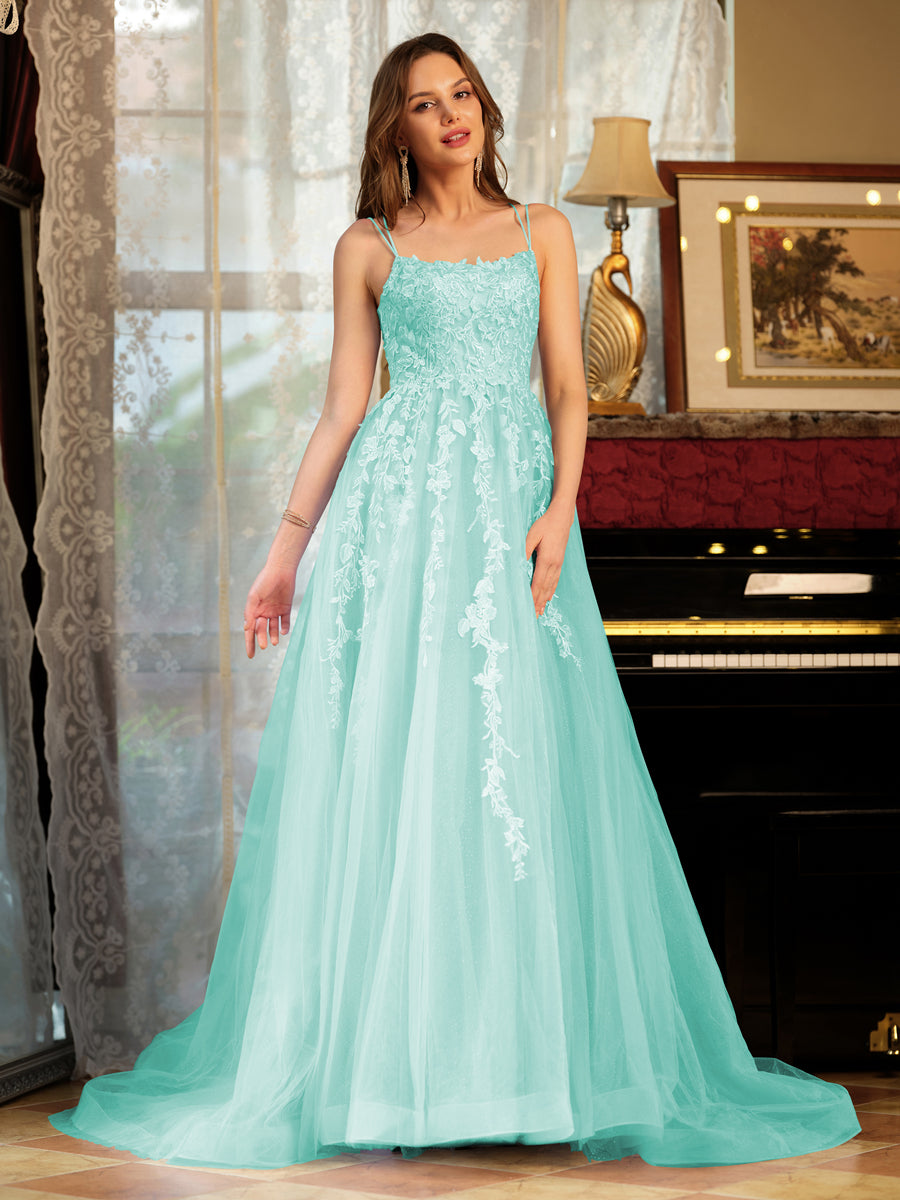 Corte A/Princesa Tule Alcinhas Apliques Longos Vestidos de Baile