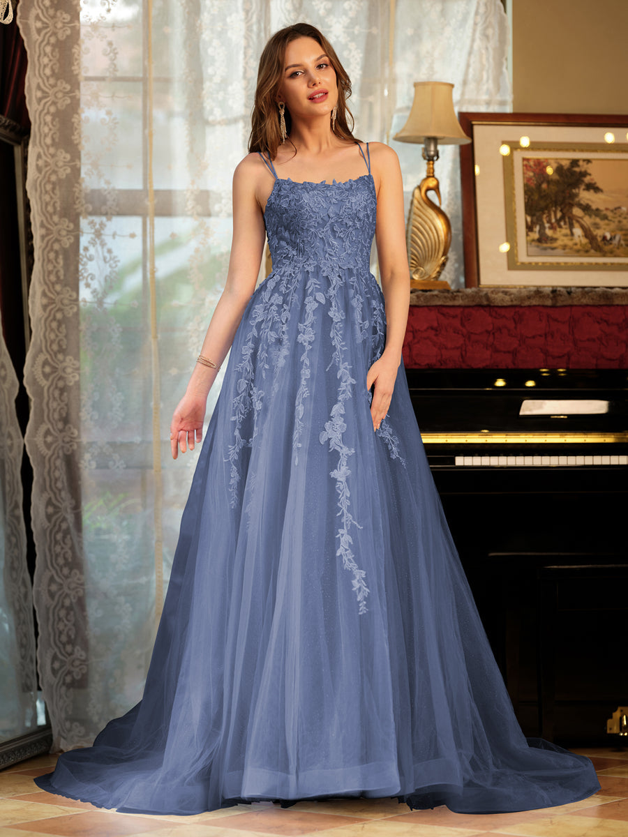 Corte A/Princesa Tule Alcinhas Apliques Longos Vestidos de Baile
