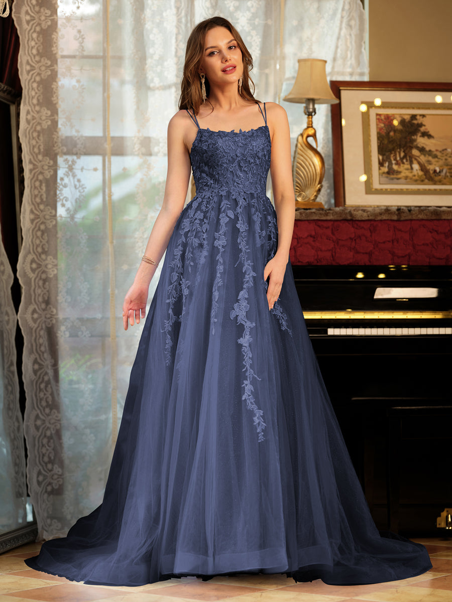 Corte A/Princesa Tule Alcinhas Apliques Longos Vestidos de Baile