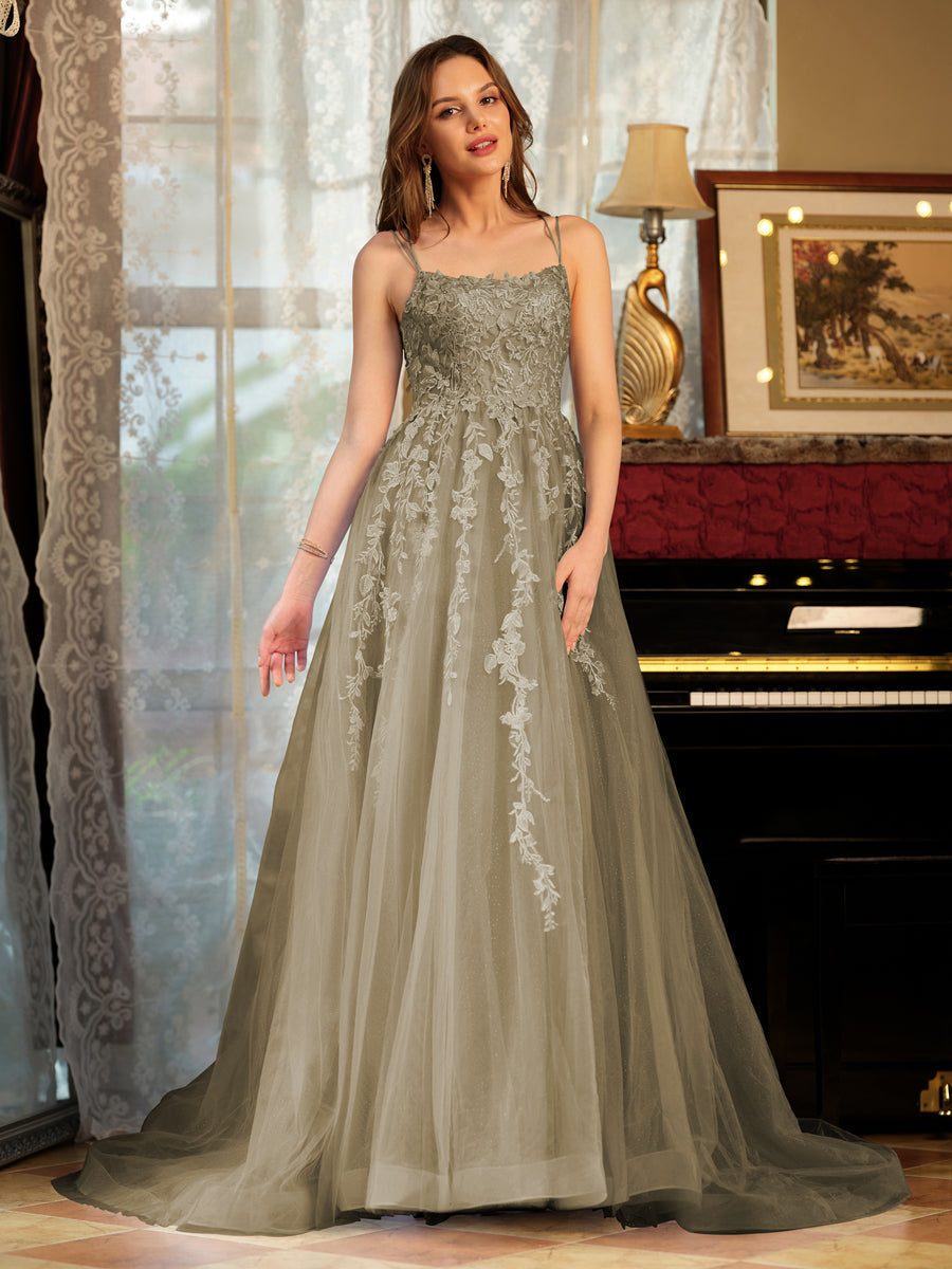 Corte A/Princesa Tule Alcinhas Apliques Longos Vestidos de Baile