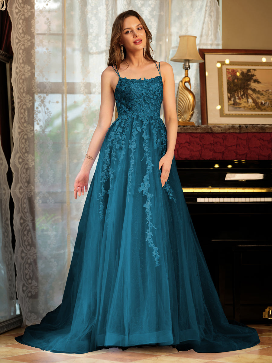 Corte A/Princesa Tule Alcinhas Apliques Longos Vestidos de Baile