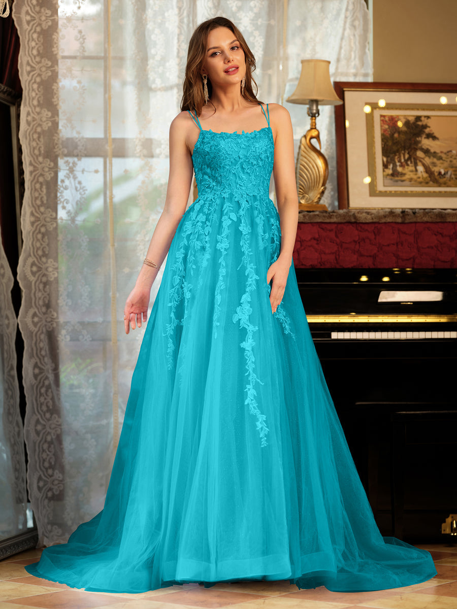 Corte A/Princesa Tule Alcinhas Apliques Longos Vestidos de Baile